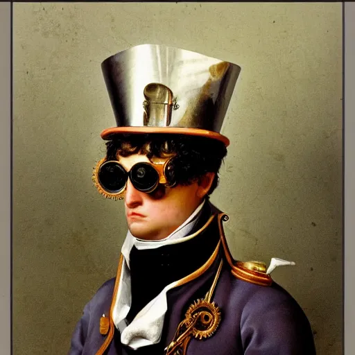 Prompt: napoleon wearing big steampunk googles, photo by gustave baumann