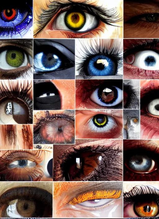 Image similar to grid montage of eyes, detailed colored textures, eyelashes, advanced art, art styles mix, from wikipedia, wet relections in eyes, sunshine, hd macro photograph, from side, various eye shapes, spherical black pupil