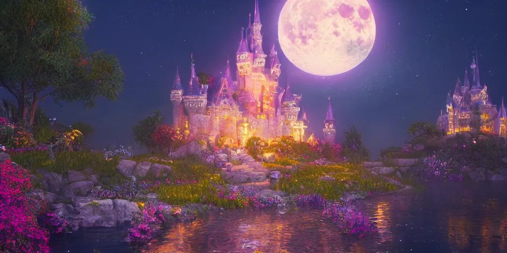 Image similar to a single glittering fairy castle at night, a full moon, water and colourful flowers, extremely detailed oil painting, unreal 5 render, fantasy digital art, octane render, beautiful composition, trending on artstation, award-winning photograph, masterpiece