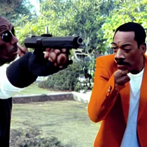 Prompt: a still of the cat shootout from the buddy cop movie beverly hills cat 2, with eddie murphy