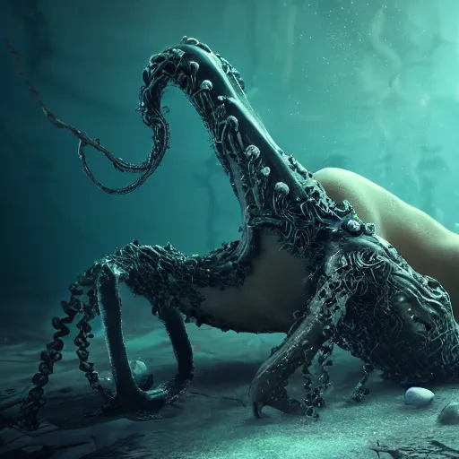 Image similar to beautiful, terrifying, demonic, full body female, with the body of a goddess, a beautiful porcelain face, with parasitic tentacles crawling up her, in a underwater horror scene, photo realistic, dramatic cinematic lighting, octane render, 4k, ultra detailed,