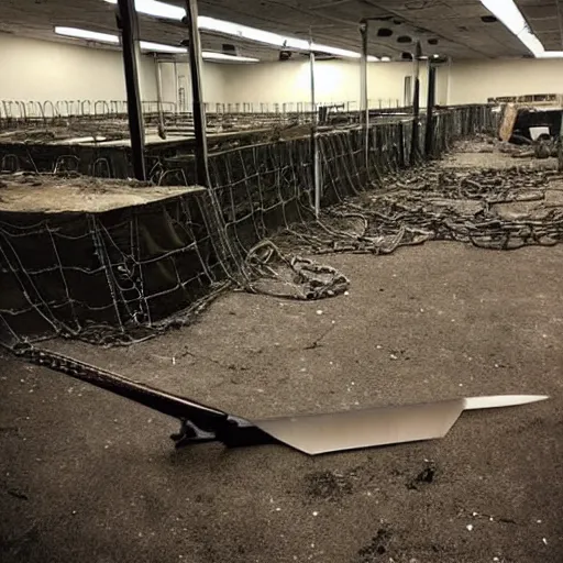 Prompt: “a photo of a big claymore sword that is wrapped in cables and chains and embedded in a computer monitor screen standing up. The sword is in the center of a dark, filthy, dimly lit room filled with server racks and server cables hanging everywhere. The ground of the room is littered and covered with garbage and trash everywhere. It is dark and there are no lights. Cursed image. Nikon Coolpix.”