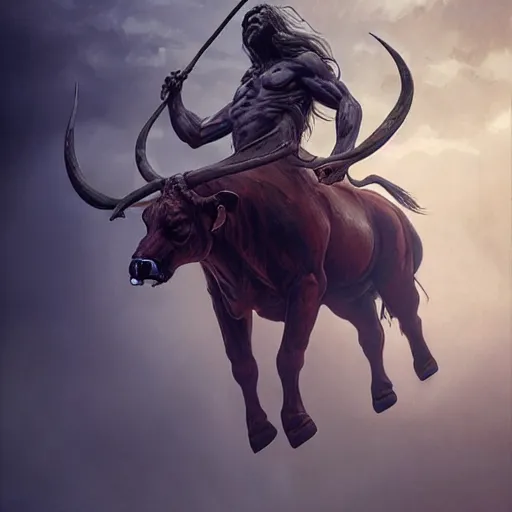 Image similar to a monstrous 40 foot tall bull-centaur, nightmare fuel, highly detailed, digital painting, artstation, concept art, sharp focus, illustration, cinematic lighting, art by artgerm and greg rutkowski and alphonse mucha