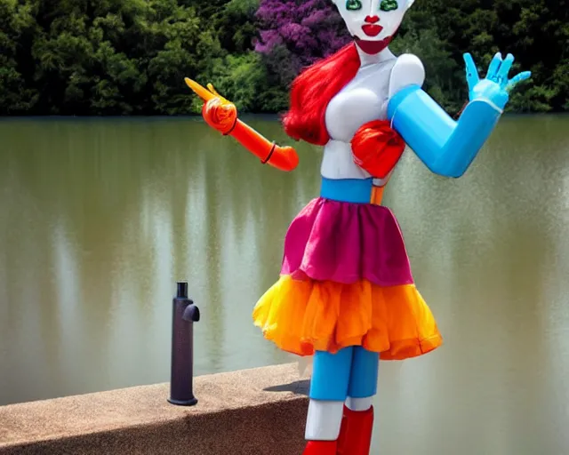 Image similar to beautiful clown girl robot alien standing on a water tank