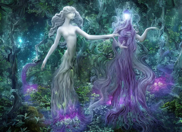 Image similar to glowing delicate flower and mushrooms that grow in a dark fatansy forest on the planet Pandora, an idealistic marble statue with fractal flowery hair in a fractal garden,