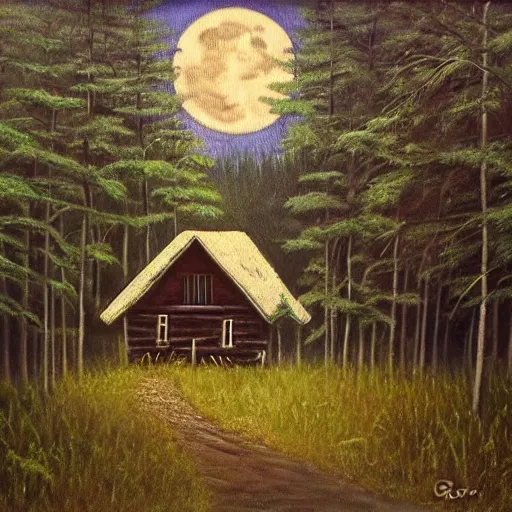 Prompt: peaceful forgotten cabin. masterpiece oil painting, dark, scary. endless tall trees in the background. the moon shines. hr gigor