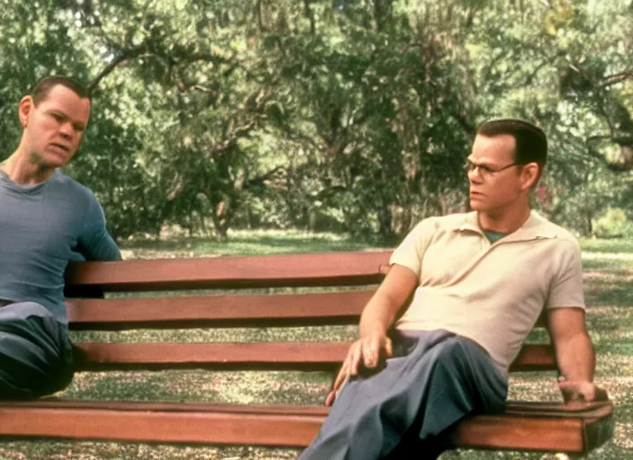 Image similar to film still of matt damon as forrest gump sitting on a bench in forrest gump, 4 k