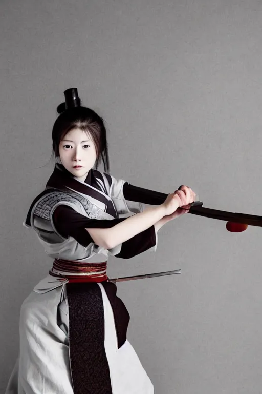 Image similar to highly detailed beautiful photo of a young female samurai, practising sword stances, symmetrical face, beautiful eyes, realistic anime art style, 8 k, award winning photo, pastels, action photography, 1 / 1 2 5 shutter speed, dramatic lighting