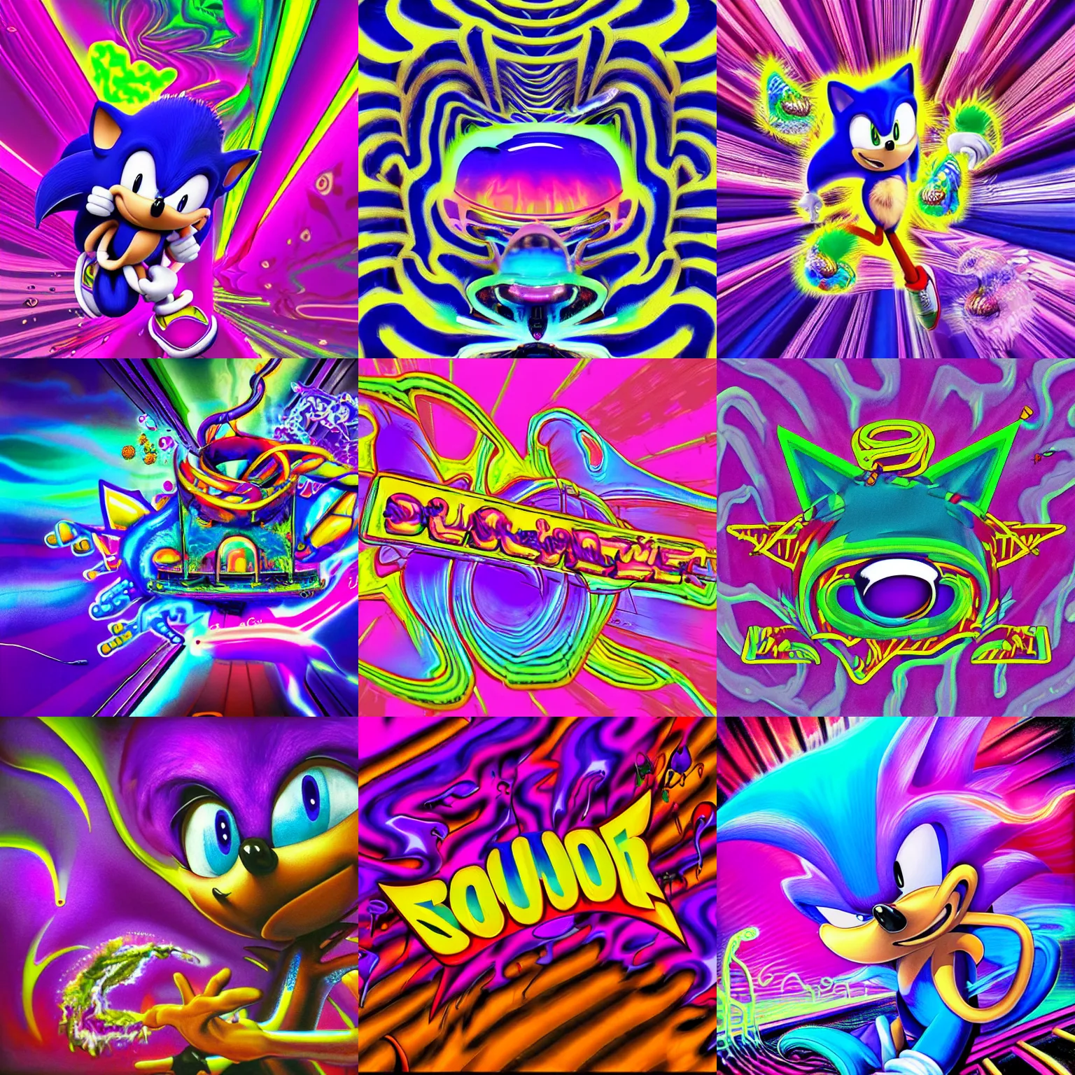 Prompt: surreal, faded, totally radical detailed professional, high quality airbrush art MGMT album cover of a liquid dissolving LSD DMT sonic the hedgehog vomiting neon paint on a flat purple checkerboard plane, 1990s 1992 prerendered graphics raytraced phong shaded album cover