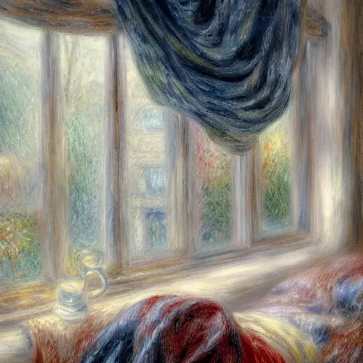 Image similar to on a rainy day, someone in home sits in bed, curled up under the covers, watching the rain outside the window, cinematic, artstation, extremely detailed, intricate, cinematic lighting, art by pierre - auguste renoir