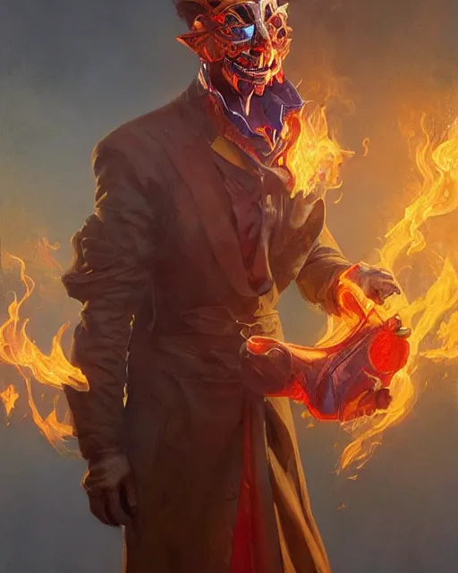 Prompt: happy mask salesman, full body photo, flames everywhere, highly detailed, digital painting, artstation, concept art, smooth, sharp focus, illustration, art by artgerm and greg rutkowski and alphonse mucha