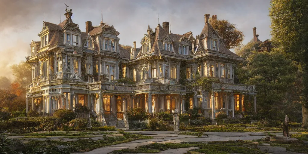 Prompt: a finely detailed photograph of a late Victorian house surrounded by beautiful gardens, view from ground level, elegant, ornate, daytime, beautifully lit scene, ray traced, octane render by Peter Mohrbacher and Peter Gric