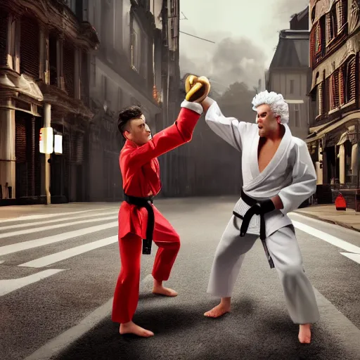 Image similar to ronald macdonald fights, colonel sanders, hyper real, 8 k, octane render, vivid, bright, photo realistic, martial arts, city street