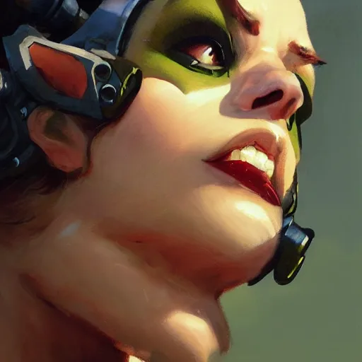 Image similar to greg manchess close - up portrait painting of a beautiful female dieselpunk orc with olive green skin as an overwatch character, medium shot, asymmetrical, profile picture, organic painting, sunny day, matte painting, bold shapes, hard edges, street art, trending on artstation, by huang guangjian and gil elvgren and sachin teng