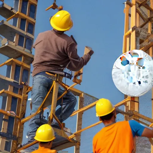 Prompt: Two construction workers removing the moon from the sky