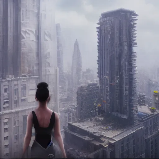 Prompt: a woman standing on top of a tall building, a detailed matte painting by Jeremy Geddes, trending on cgsociety, panfuturism, playstation 5 screenshot, unreal engine, unreal engine 5