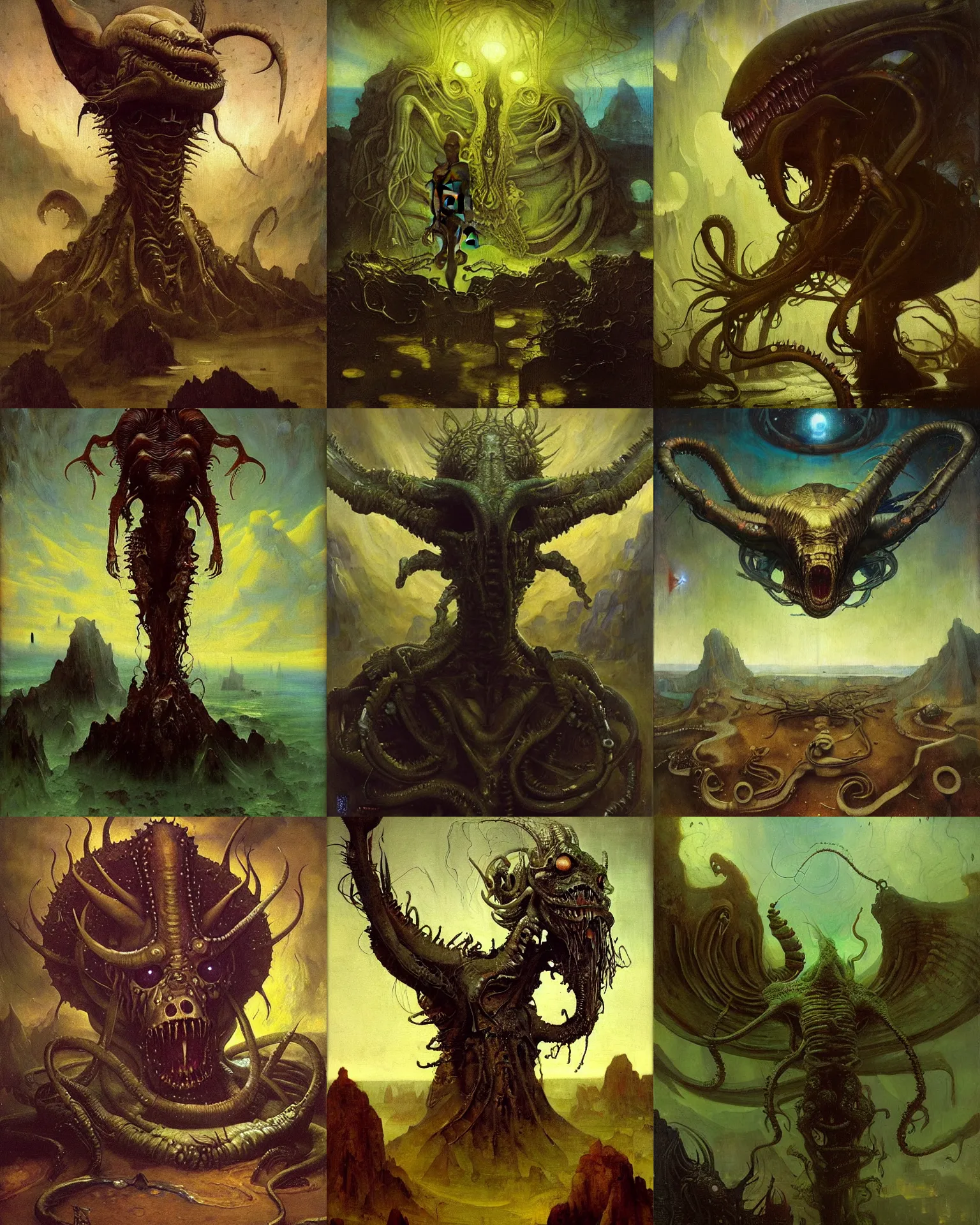 Prompt: inconceivable otherworldly alien rising from a mental landscape, epic painting by richard schmid, craig mullens, bosch, vermeer, dore, ilya repin. elder god lovecraft mythology