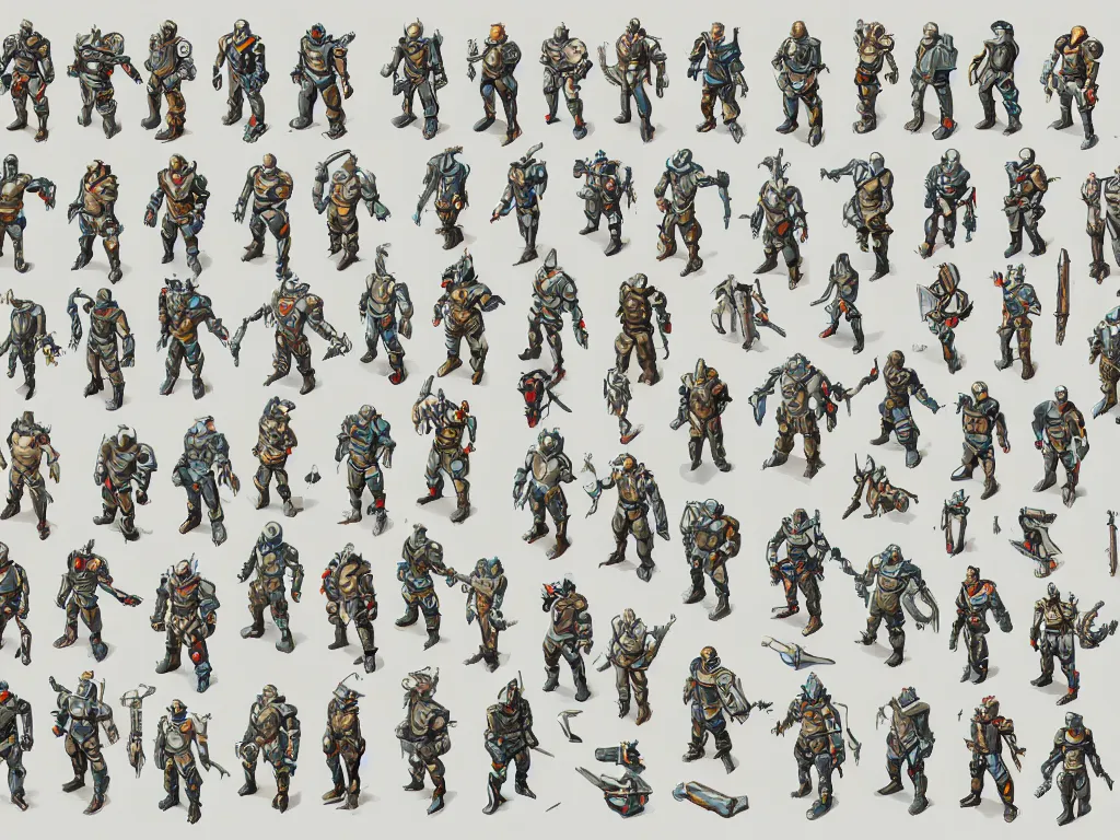 Prompt: isometric character sprite sheet of fallout power armor, rotated left right front back, in gouache detailed paintings, props, stylized, 2 d sprites asset sheet, kitbash, arcane, overwatch, 8 k, close up, white background