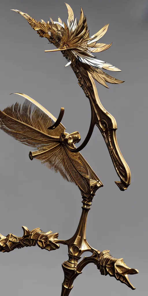 Image similar to beautiful physical detailed render of a sacred bow weapon made of crystal, the style of louis comfort tiffany, pascal blanche, zigor samaniego, paul pepera, ellen jewett, weapon design, mechanics, weapon model, feather, wing, exquisite, metal, structure, c 4 d, 3 d render,, unreal engines, light effect, 4 k hd