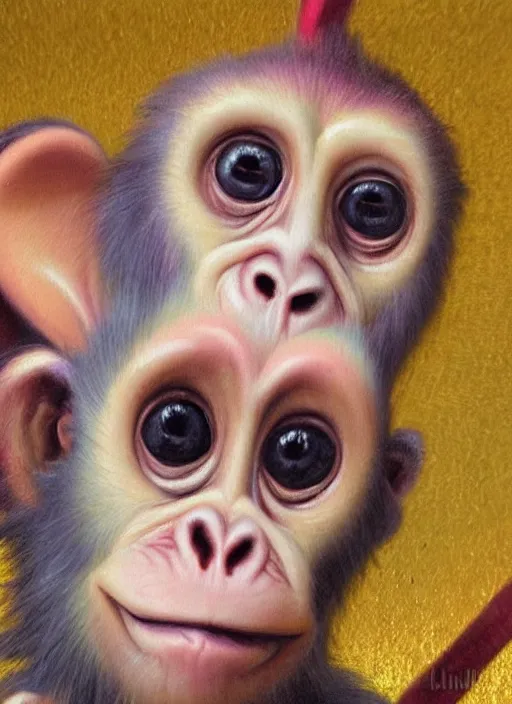 Prompt: baroque rococo painting Royal Holy Fancy Baby Monkey Hildebrandt Lisa Frank high detail cute adorable precious whimsical up close simian ape monkey ribbon
