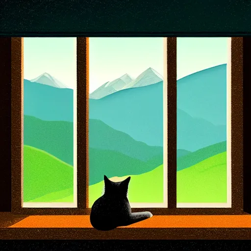 Image similar to a beautiful landscape including mountains and plains through a window, cat sitting on the edge of the window, illustration, digital art, trending on artstation, no signature