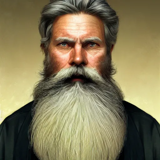 Prompt: centered detailed portrait of an old smuggler with a huge beard::art by James Christensen and Artgerm and Sophie Anderson::realistic character concept, identical eyes, gazing eyes, beautiful eyes, medium shot, elegant pose, science fiction, illustration, slender symmetrical face and body, artstation, cinematic lighting, hyperdetailed, cgsociety, 8K, 4K, high resolution, single face, insanely detailed and intricate, beautiful, elegant, golden ratio, vfx::post apocalyptic, Fallout style, destroyed city on background