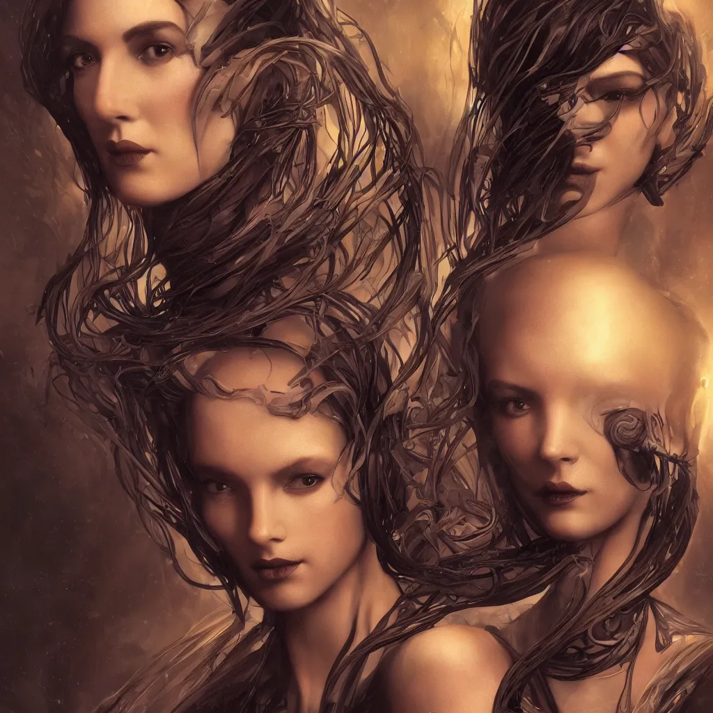 Image similar to a dramatic art nouveau edged bust portrait of a seductive alien space goddess, perfectly symmetrical facial features, beautiful confident eyes, photorealism, by adam hughes, frank frazetta and james cameron, sensual volumetric lighting, vray render, zbrush, artstation, deviantart, season of mist, blade runner, the matrix