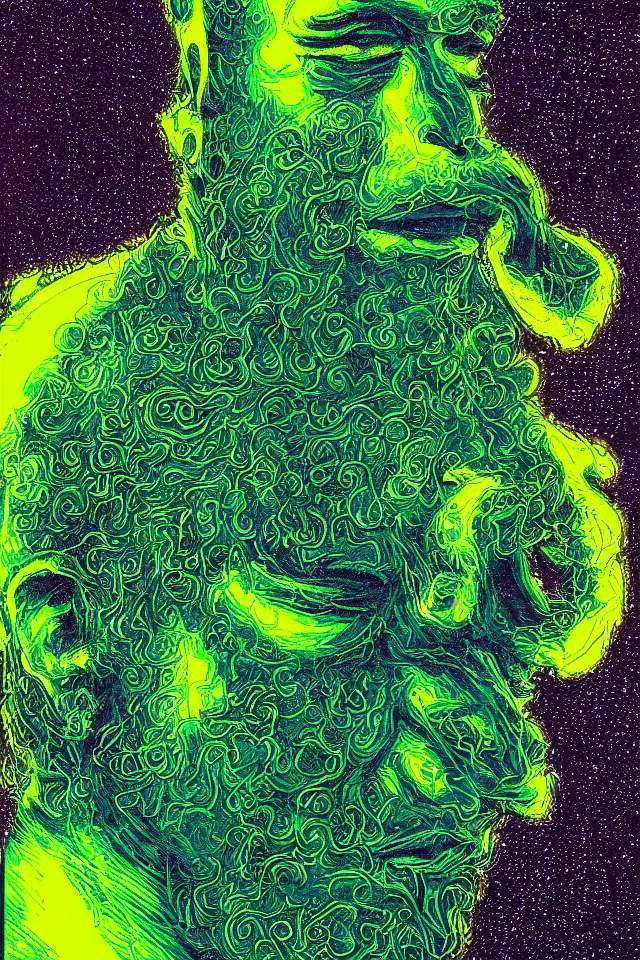 Image similar to bizarre green blacklight detailed renaissance portrait of homer simpson as a highly detailed realistic real life, dramatic cinematic lighting, 8 k, beautiful intricate painting by james r eads and tomasz alen kopera