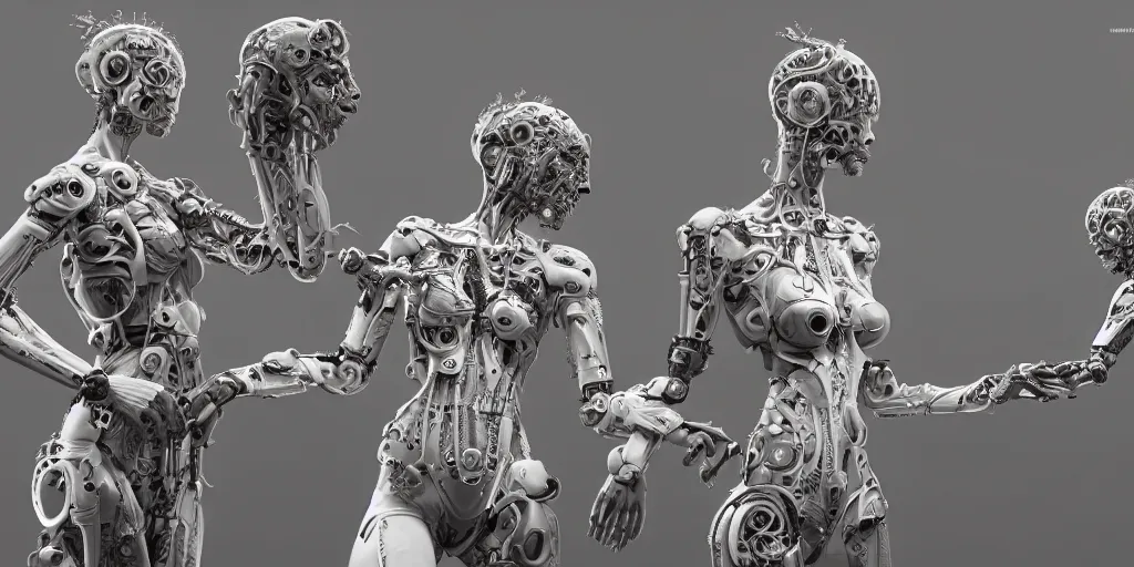 Image similar to photorealistic, gorgeous symmetrical female cyborg, holding hands, lovingly holding highly detailed, synthetic creation, intricate, in the style of beth cavener, jin kagetsu, wlop, masterpiece, concept art, high key lighting, ambient lighting, octane render, 8 k, artstation