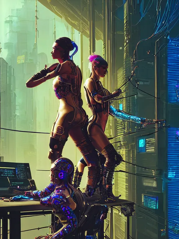 Image similar to a cyberpunk 2077 illustration half body portrait of two female android dancer queen,complex mess of cables and wires behind them connected to giant computer, film lighting, by laurie greasley,Lawrence Alma-Tadema,William Morris,Dan Mumford, trending on atrstation, full of color, mythological, high detailed,golden ratio,symmetrical proportions,cinematic lighting
