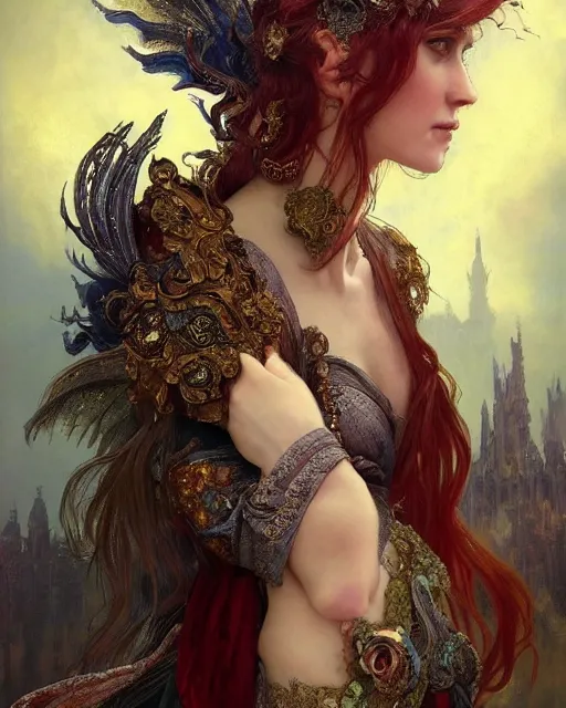 Prompt: a beautiful intricate exquisite imaginative exciting northern classical close up portrait of faery of fire sitting with elegant looks, dark flowing robe, ornate magical intricate and fiery by ruan jia, tom bagshaw, alphonse mucha, krenz cushart, beautiful palace ruins in the background, epic sky, vray render, artstation, deviantart, pinterest, 5 0 0 px models