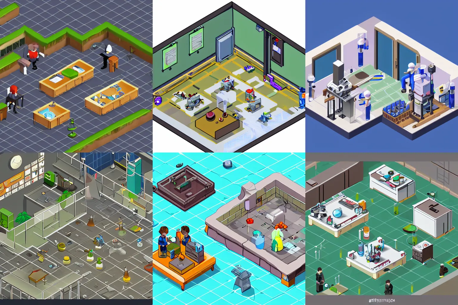 Prompt: exploring a science lab in a 2 d survival rpg, isometric view
