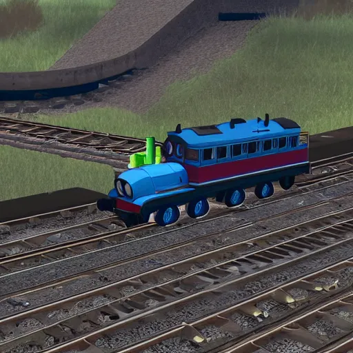 Image similar to thomas the tank engine, factorio engineer laying on the tracks