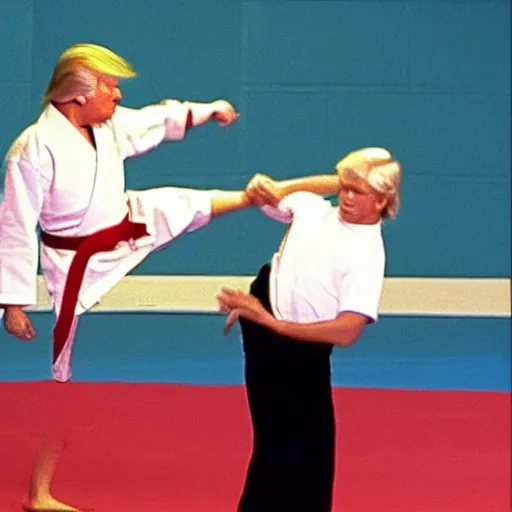 Image similar to still of donald trump as the karate kid, crane kick