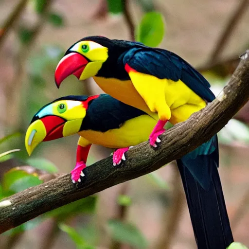 Image similar to white - breasted toucans ( ramphastos tucanus ) of gummy, lemon flavor with strawberry, cherry and orange stripes on the beak.