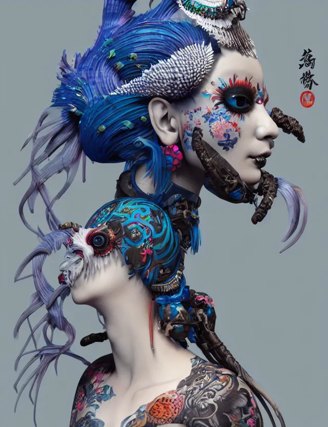 Image similar to 3 d goddess close - up profile portrait russian punk with mohawk with ram skull. beautiful detailed japanese crow kitsune mask and clasical japanese kimono. betta fish, jellyfish phoenix, bio luminescent, plasma, ice, water, wind, creature, artwork by tooth wu and wlop and beeple and greg rutkowski