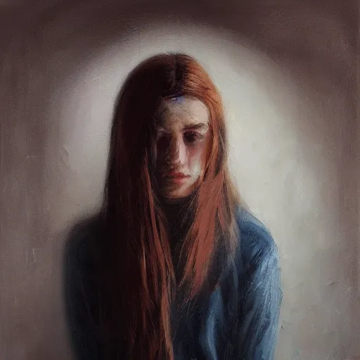 Image similar to palette knife oil painting portrait of a lonely girl in a liminal room, extreme detail, liminal aesthetic, artgerm, deviant art, octane, substance, art history 8 k