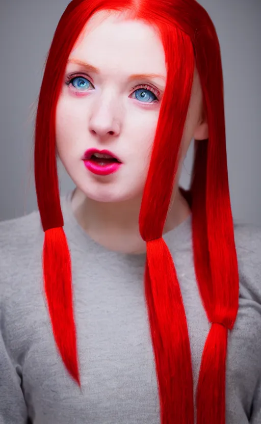 Prompt: photo portrait Red-haired 20-years old girl in a red dress, With two pigtails, green eyes and sliding face plates, standing on the dimly lit stage, realistic, photo, photorealistic, detailed, high quality, 8k, realism