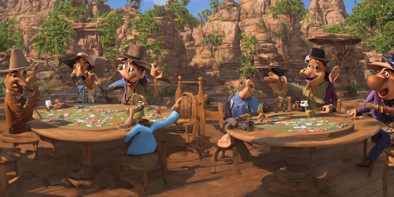 Prompt: wildwest poker table with ganesh and siddhartha as a pixar disney characters from up 2 0 0 9 unreal engine octane render 3 d render photorealistic