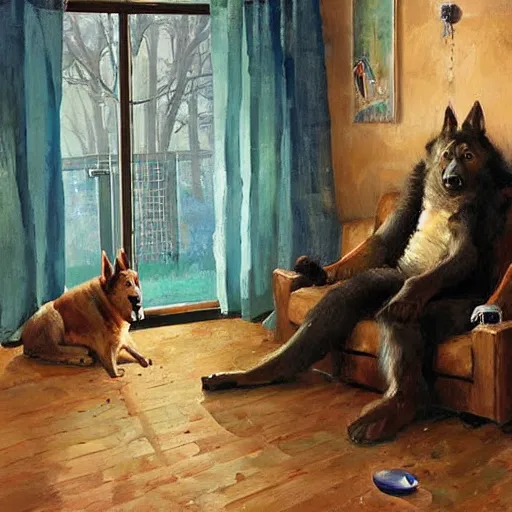 Image similar to a humanoid german shepherd beast - man, sitting and watching a soccer match in his house on television, he has hurt his knee and is a dad, by erin hanson, alexi zaitsev, karl spitzweg, award winning, tv set