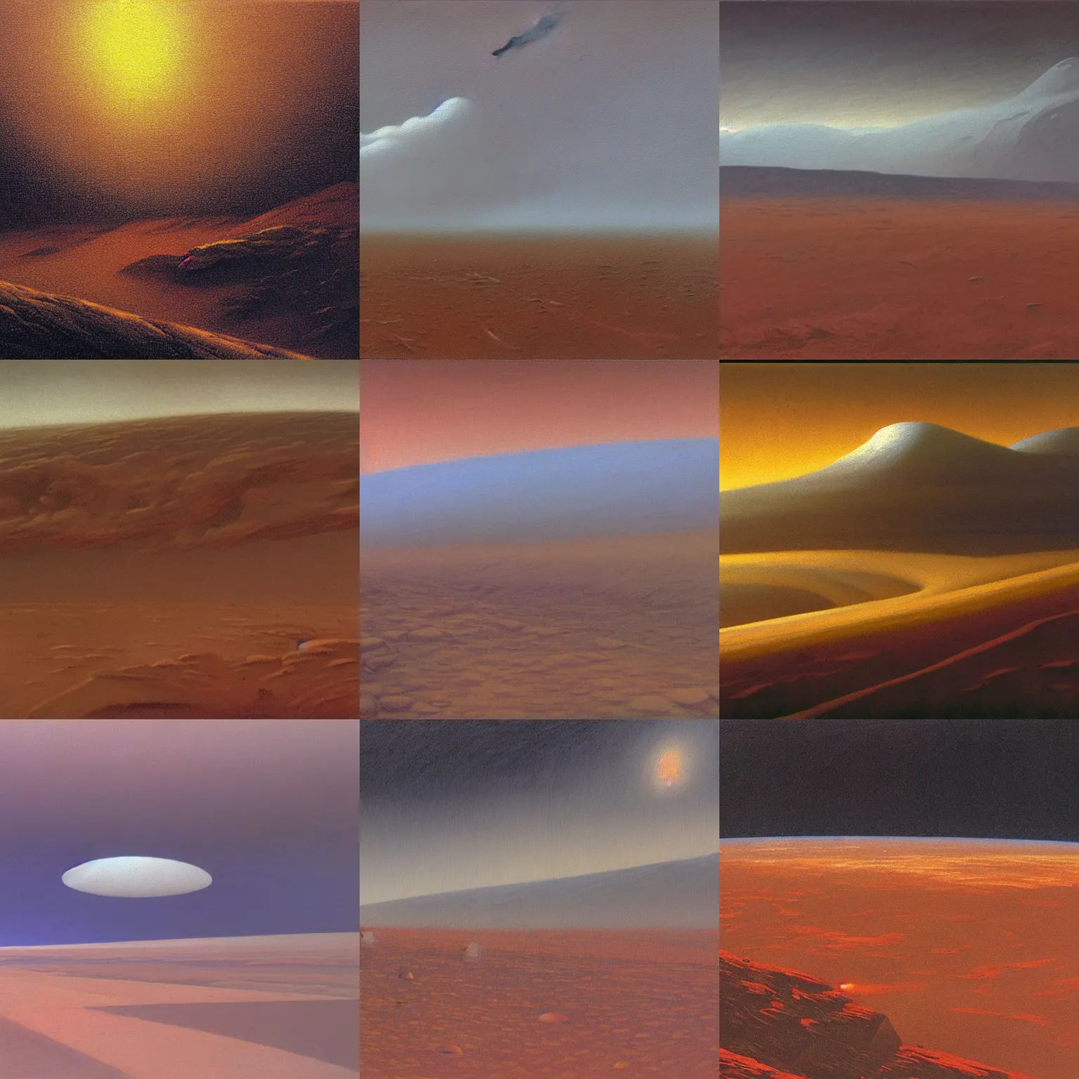 Prompt: A landscape painting of rainstorm weather on Mars by Ralph Mcquarrie