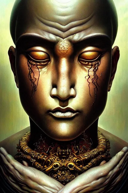 Prompt: a hyperrealistic acrylic portrait painting of morpheus by artgerm, beksinski and thomas kinkade. intricate details. believable eyes. tattoos on face. epic fantasy art. a full body portrait of chinese buddhist mythology, manga cover titled “ 0 immortal beast from chinese mythology