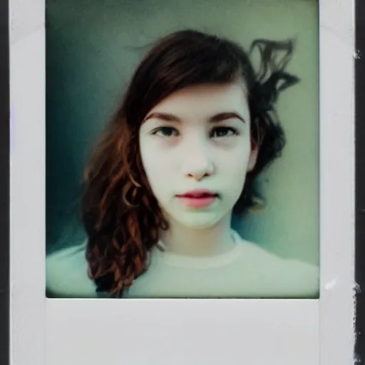 Image similar to a porcelain portrait of a girl is melting like an ice cream, realistic detailed photography polaroid