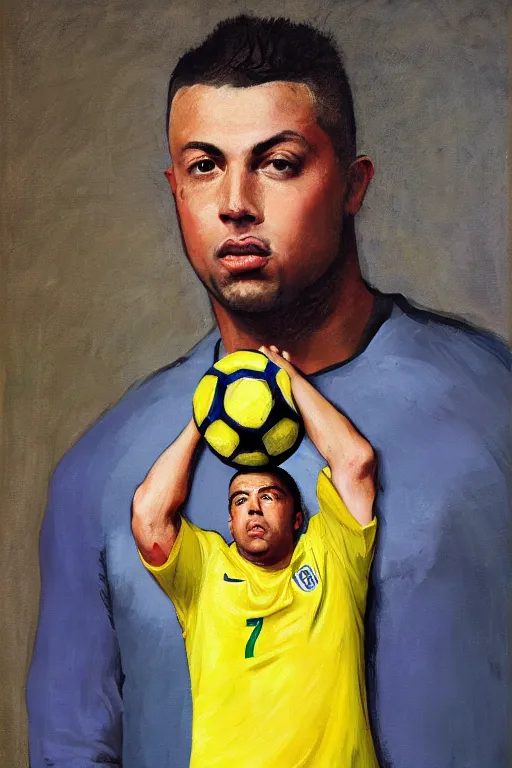 Prompt: portrait of ronaldo nazario holding a soccer ball, wearing the yellow brazil soccer shirt, shaved head, painting by rembrandt, high quality, very beautiful, detailed, 4 k