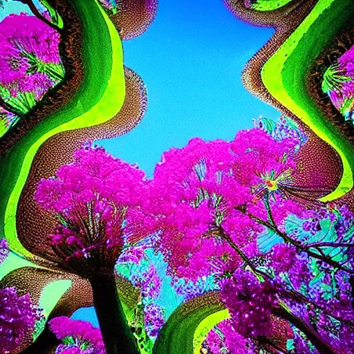 Prompt: “looking down at a canopy of vibrant flowers, fed by the sun, in the style of Roger Dean”