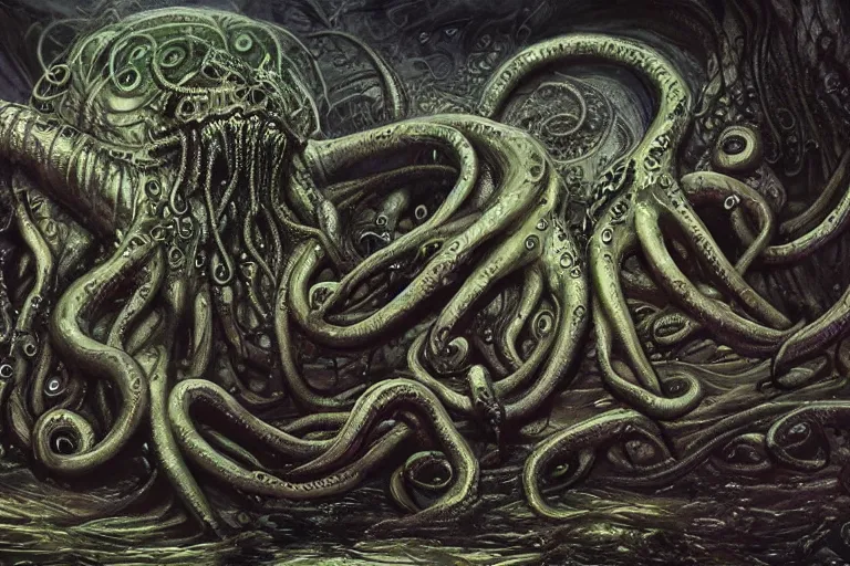 Prompt: ultra realist soft painting of the world of lovecraft elden ring and giger gigantic oily tentacles and eyes very intricate details ultra dense