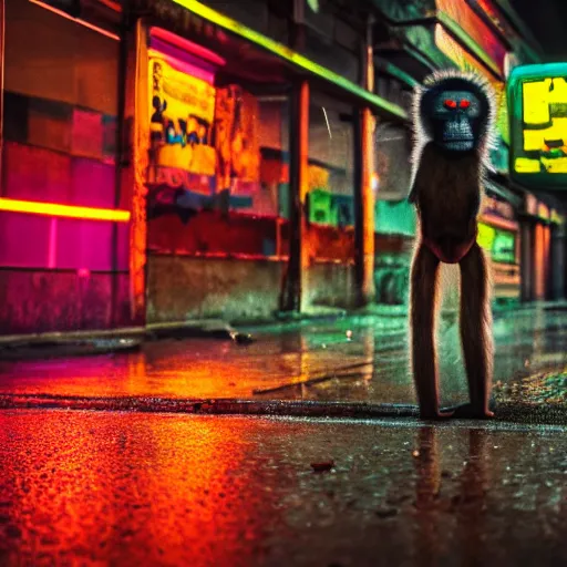 Image similar to a high quality low wide angle photo of a Mandrill monkey on the streets of a cyberpunk city, rainy, reflective ground, neon lights, realism, 8k