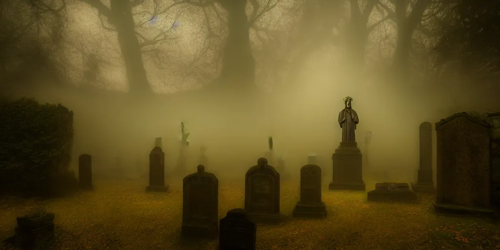 Image similar to creepy horror, Highgate cemetery, angel statuettes, tombs, blanket of fog, rain, volumetric lighting, beautiful, golden hour, sharp focus, ultra detailed, cgsociety