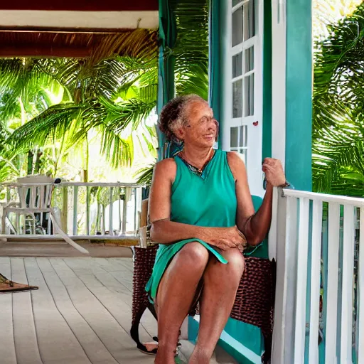 Image similar to a beautiful woman with freckles sitting on the porch, caribbean, golden hour