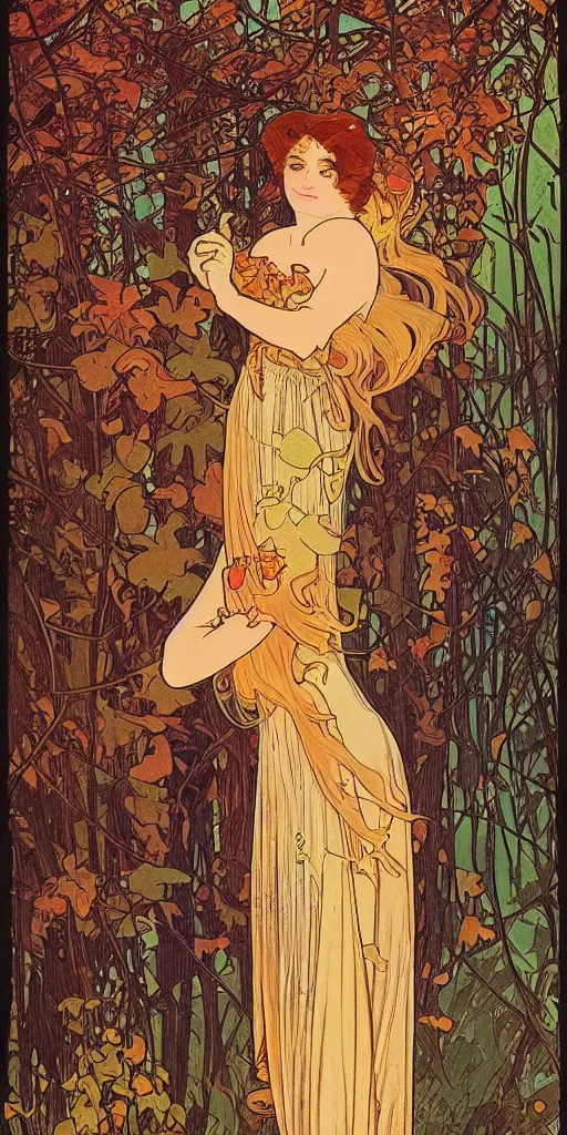 Prompt: a beautiful illustration of a beautiful lady in the forest, autumn, golden hour, alphonse mucha, moebius, cinematic